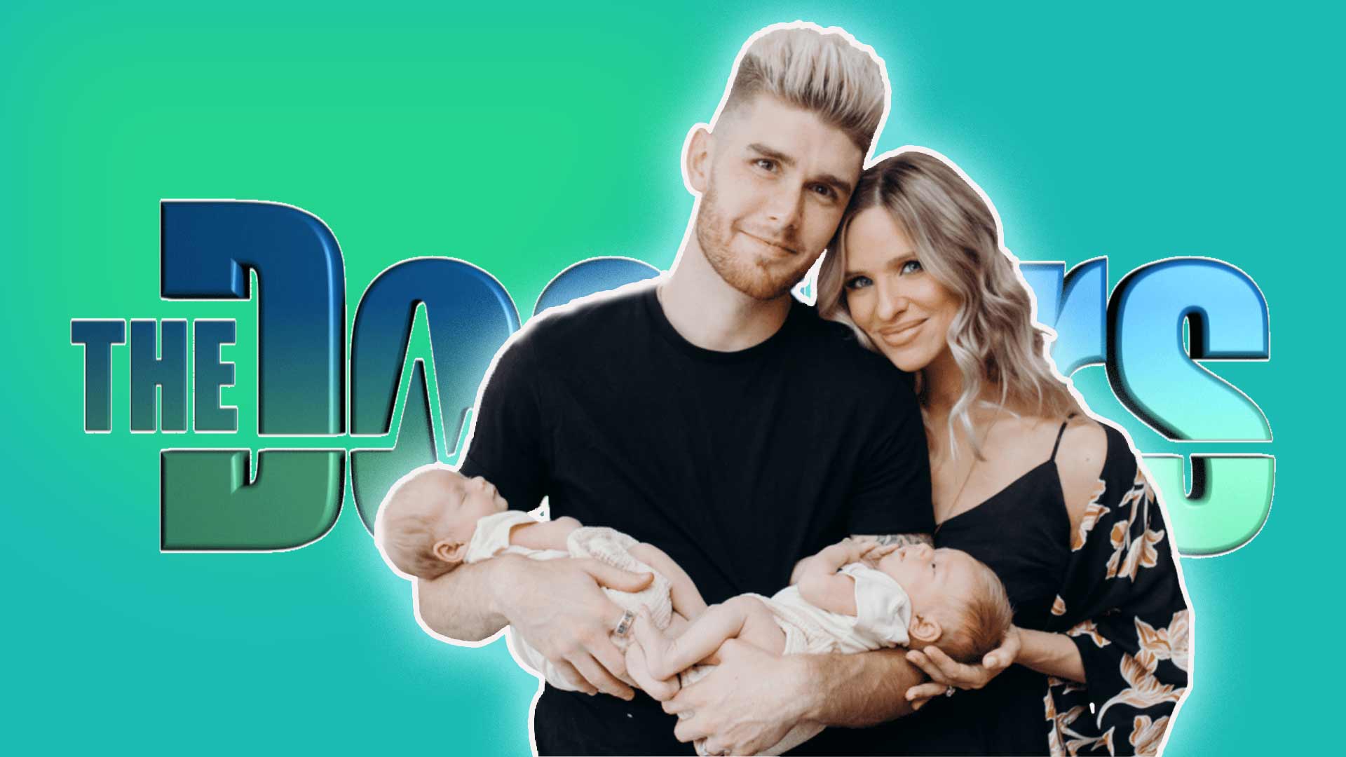 Annie & Colton Dixon Hold Their Baby Girls in front of a "The Doctors" tv show logo