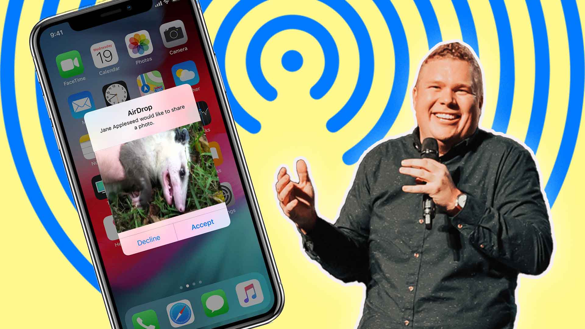 Comedian Jaron Myers is cutout on a background with an airdrop logo next to an iPhone with an airdropped photo of a dead possum