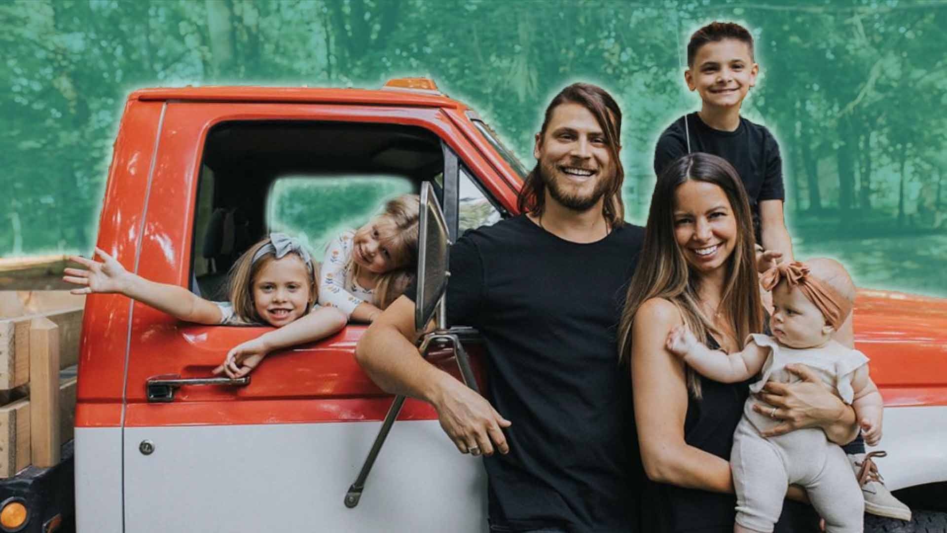 Cory and Anna Asbury with their kids pose in front of a vintage pickup truck