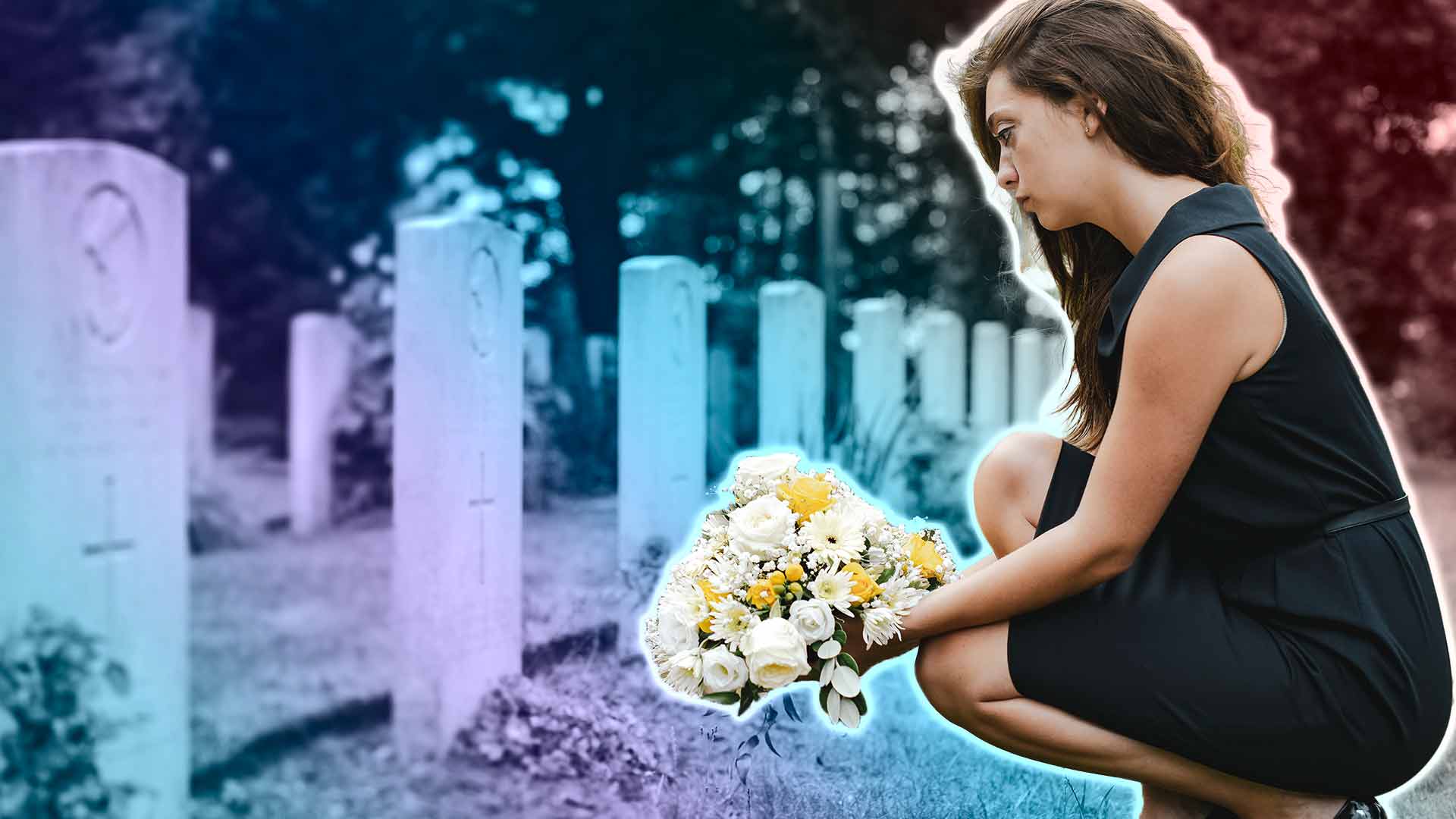 woman at grave with flowers