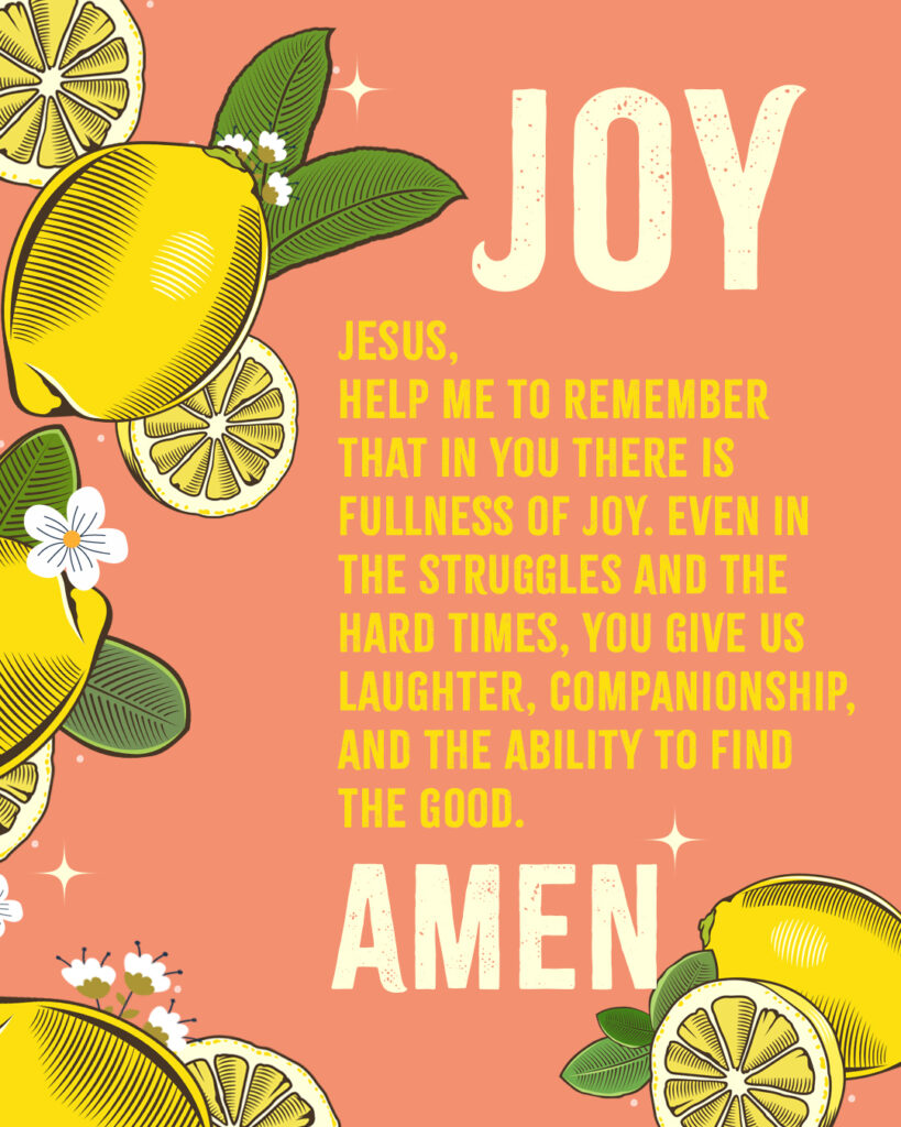 Joy Jesus, Help me to remember that in You there is fullness of joy. Even in the struggles and the hard times, you give us laughter, companionship, and the ability to find the good. Amen 